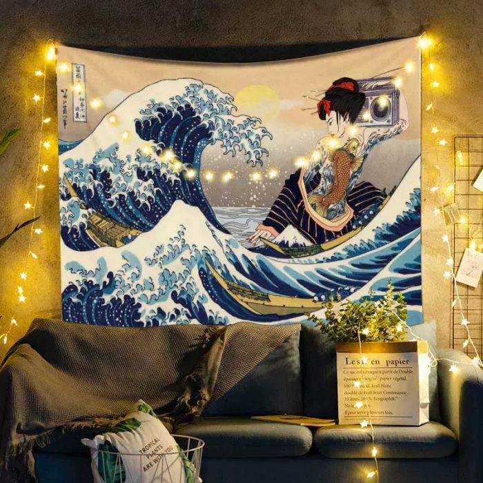 Kanagawa Girl The Great Wave Japanese Tapestry Room Decor