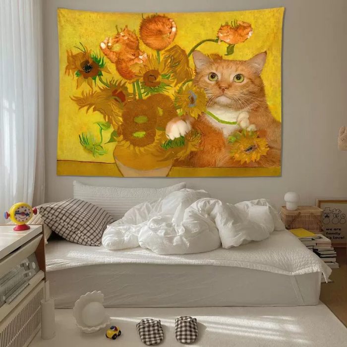 Cat With Flower Art Tapestry Room Decor