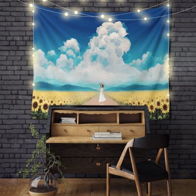 Anime Girl With Sunflower Tapestry Room Decor