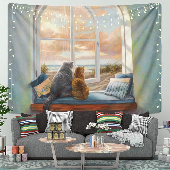 Cats Beside Window Tapestry Room Decor