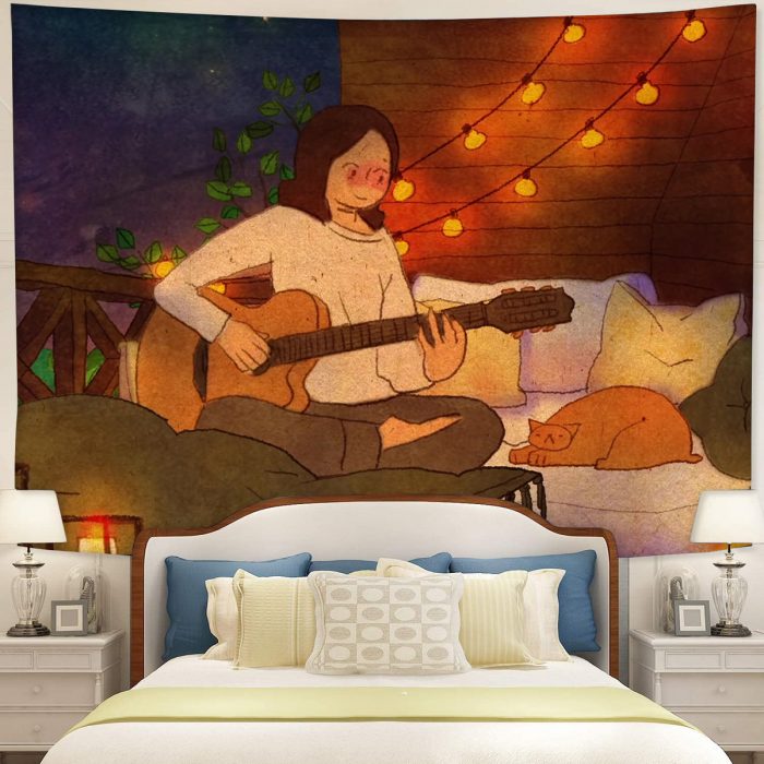 Chill Lofi Girl With Cat Tapestry Room Decor