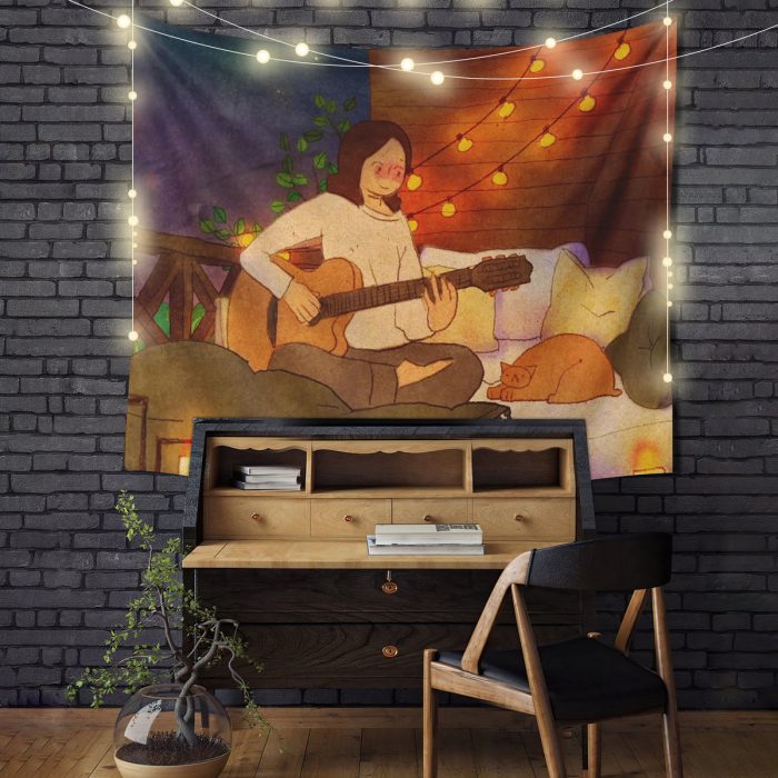 Chill Lofi Girl With Cat Tapestry Room Decor