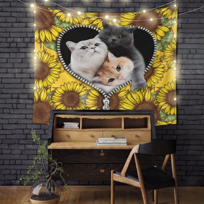 Cute Cat Sunflower Zipper Tapestry Room Decor