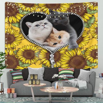 Cute Cat Sunflower Zipper Tapestry Room Decor