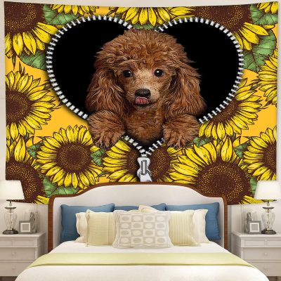 Cute Dog Poodle Sunflower Zipper Tapestry Room Decor