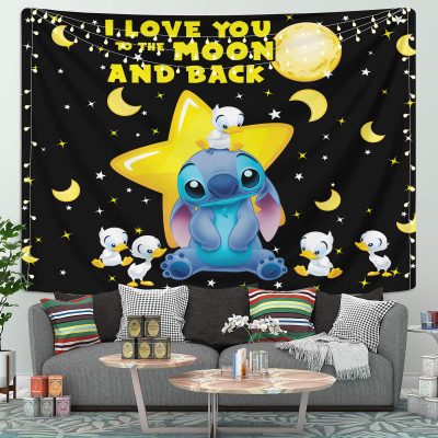 Cute Stitch Love Moon Back And Dutch Black Tapestry Room Decor