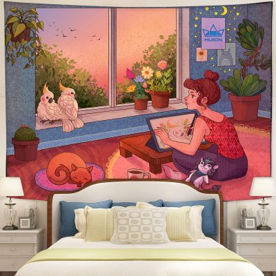 Lofi Girl Drawing Tapestry Room Decor