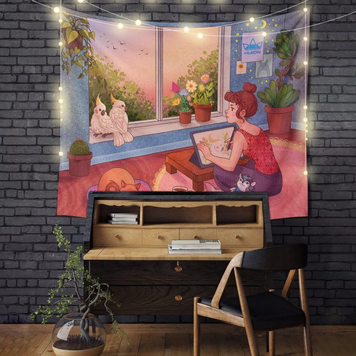 Lofi Girl Drawing Tapestry Room Decor