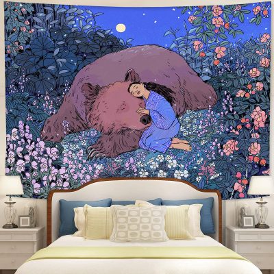 Sleepy Girl With Bear Tapestry Room Decor