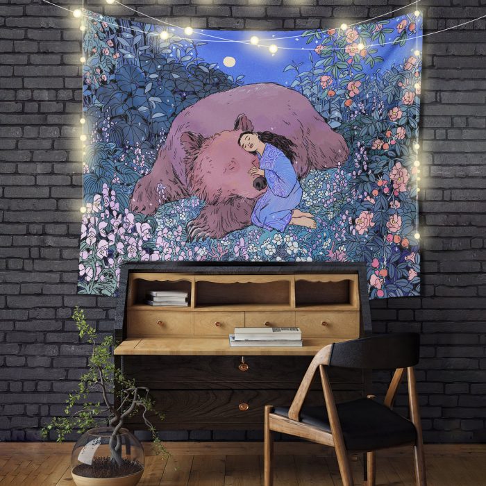 Sleepy Girl With Bear Tapestry Room Decor