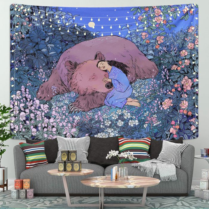 Sleepy Girl With Bear Tapestry Room Decor