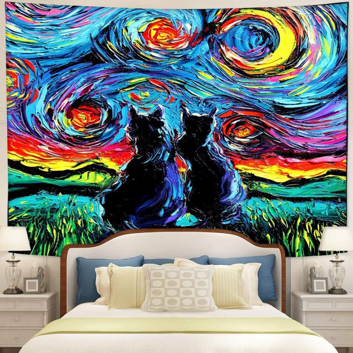 Starry Night Black Cats Tapestry Room Decor