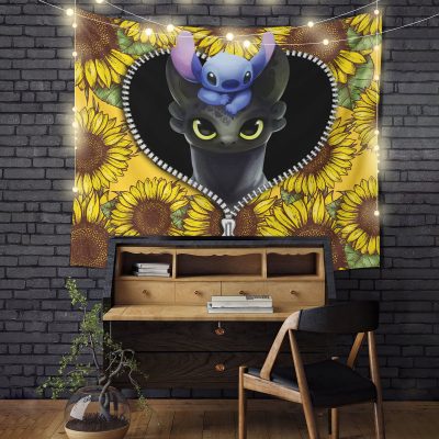 Toothless And Stitch Sunflower Zipper Tapestry Room Decor