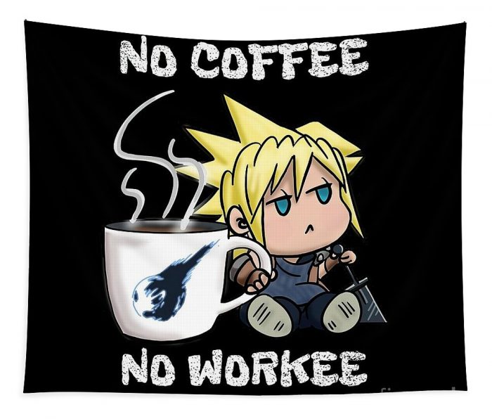 chibi cloud no coffee no workee final fantasy 7 moore ward - Anime Tapestry Store