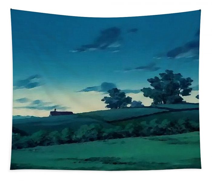 dark green fields house and path ghibli landscape jhans butterblumenhaus - Anime Tapestry Store